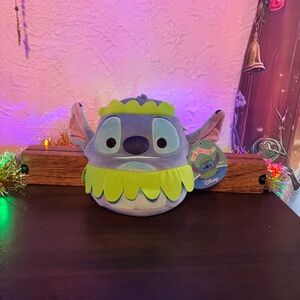 Disney Squishmallows Stitch Plush with Hawaiian green skirt and crown